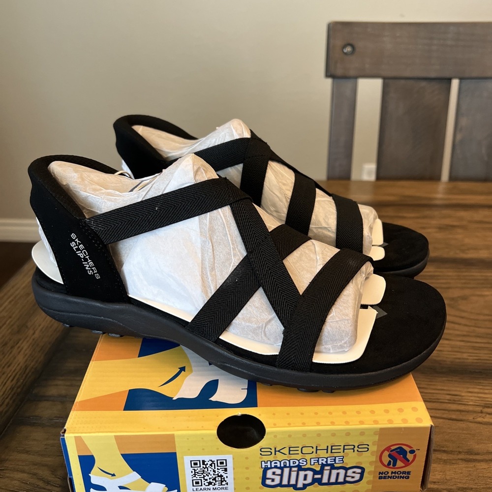 Skechers 163460 Women Reggae Slim Stretch BLACK Flex Slip-ins Sandals Sz.11..R18